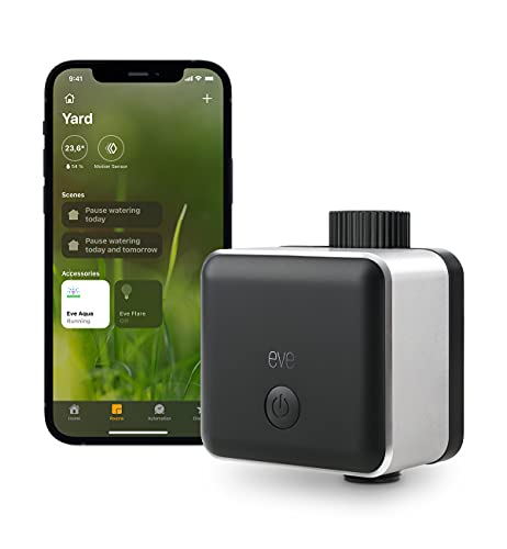 Eve Aqua Controlador inteligente de riego para la app Home de Apple y Siri, riega automáticamente con horarios programados, fácil de usar, acceso remoto, no requiere pasarela, Bluetooth, HomeKit