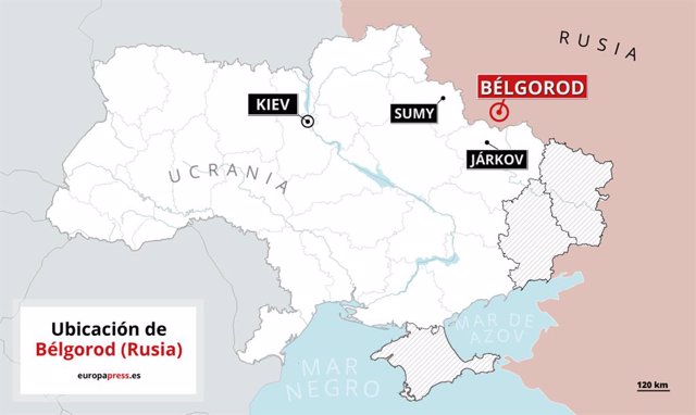 Archivo - Mapa con la ubicación de Bélgorod (Rusia). 
