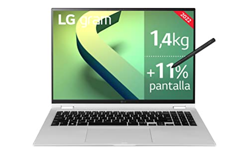 LG gram 16T90Q-G.AA79B - 2en1 Ultraligero de 40,6cm (16") WQXGA 16:10 IPS (1,4kg, autonomía 16h, Intel EvoTM i7 12ª Gen., Iris Xe, 16GB RAM, 1TB SSD NVMe, Windows 11 Home) Plata - Teclado Español