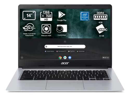 Acer Chromebook 314 CB-CB314-1H-C1SQ - Ordenador Portátil 14" HD, Laptop (Intel Celeron N4020, 4GB RAM, 64GB eMMc, Gráficos UHD Intel 600, Chrome OS), PC Portátil Plata - Teclado QWERTY Español