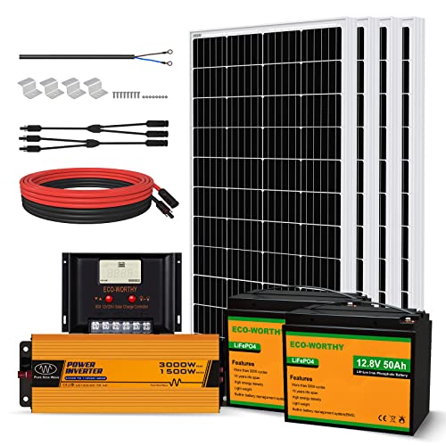 ECO-WORTHY 480W 24V 2KW-h/día kit solar con bateria sistema completo para el hogar Shed:4pcs 120W panel solar monocristalino + 2pcs 50AH batería de litio + 60A controlador solar + 1500W inversor