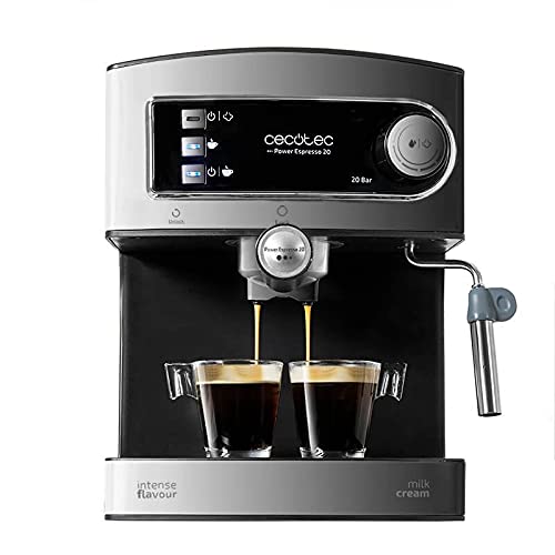 Cecotec Cafetera Express Manual Power Espresso 20. 850W, Presión 20 Bares, Depósito de 1,5L, Brazo Doble Salida, Vaporizador, Superficie Calientatazas, Acabados en Acero Inoxidable