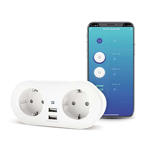 Garza Smart - Enchufe Wifi doble inteligente con 2 tomas y 2 puertos USB, programable, WiFi 2.4 GHz, con medidor de consumo, control remoto por app y por voz Alexa/Google, Blanco