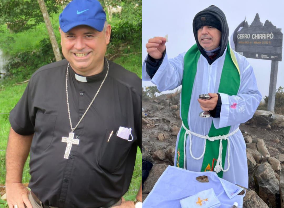 El obispo de Pérez Zeledón, Juan Miguel Castro, antes y después de subir el Chirripó. Foto: Cortesía