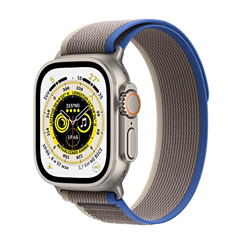 Apple Watch Ultra (GPS + Cellular, 49mm) Reloj Inteligente con Caja de Titanio - Correa Loop Trail Azul/Gris - Talla S/M. Monitor de entreno, GPS de Alta precisión, autonomía Extraordinaria