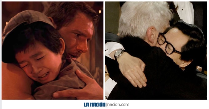 Harrison Ford y Ke Huy Quan emularon el abrazo que se dieron hace 39 años, cuando Quan era solo un niño. Foto: Archivo y AFP