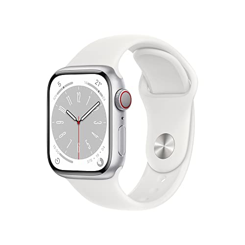 Apple Watch Series 8 (GPS + Cellular, 41mm) Reloj Inteligente con Caja de Aluminio en Plata - Correa Deportiva Blanca - Talla única. Monitor de entreno, Resistencia alagua