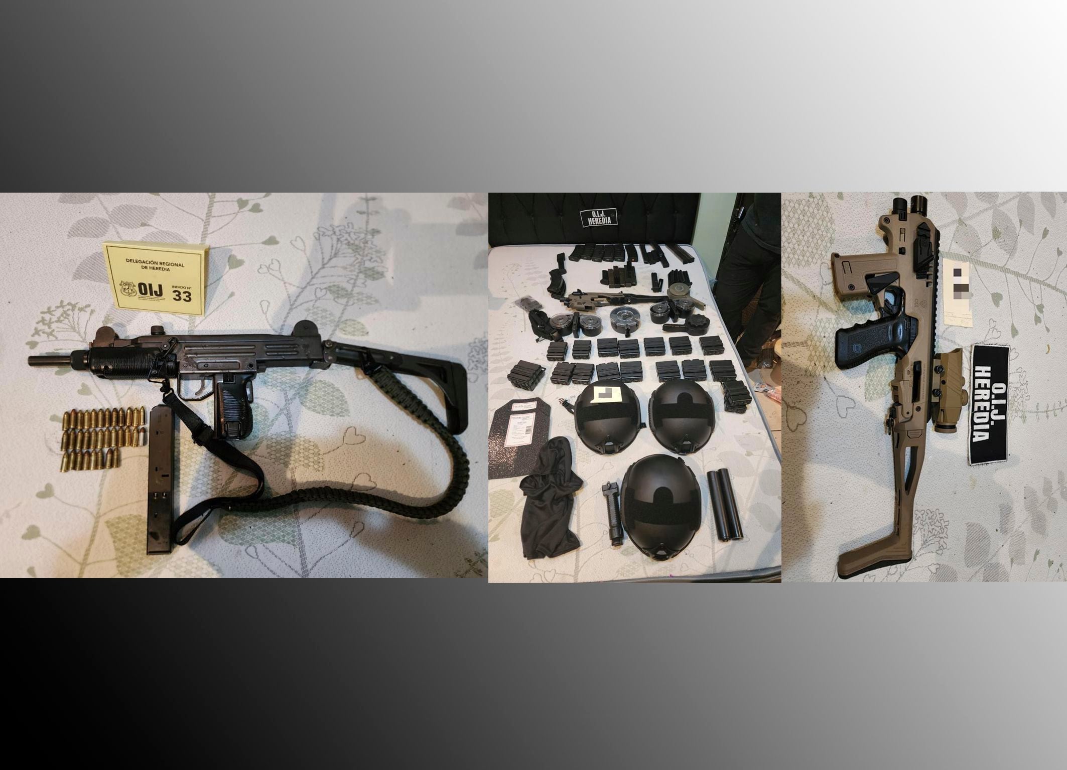 Estas armas son parte del arsenal decomisado a una agrupación narco detenida en San Francisco de Heredia en octubre del año pasado. Foto: Cortesía OIJ.