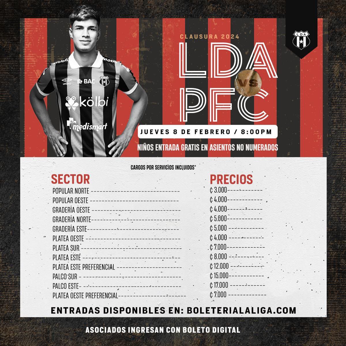 Estos son los precios para el partido de este jueves 8 de febrero entre Liga Deportiva Alajuelense y Puntarenas FC.
